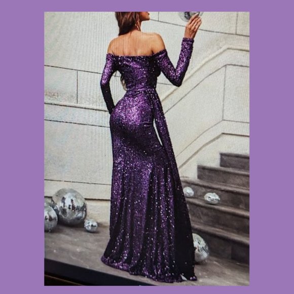 NEW - 💜Purple Sequence Long Sleeve, Off Shoulder  Dress - Picture 2 of 4